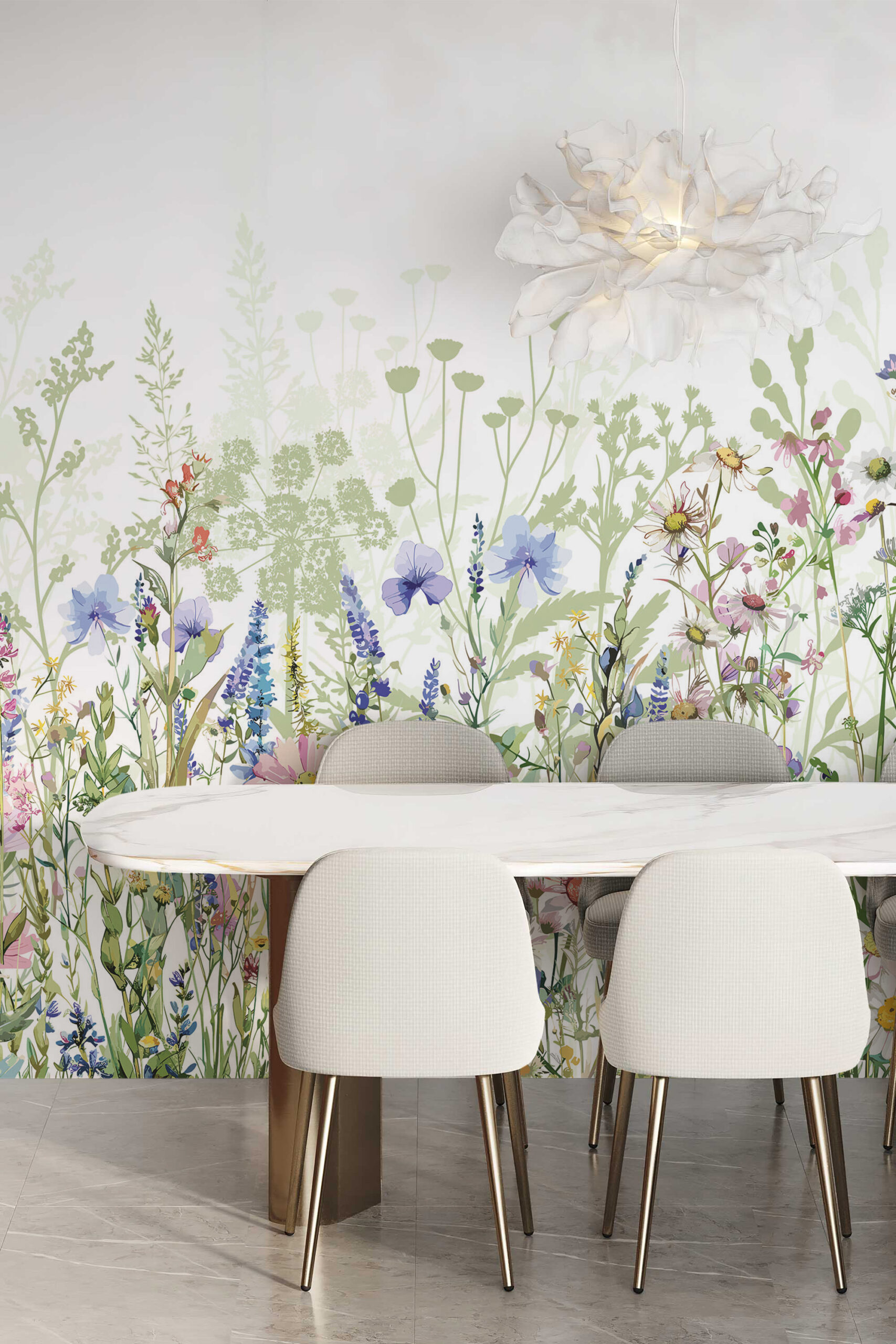 Fresh Garden Wildflowers self-adhesive wall mural stretches across a dining room wall with soft watercolor meadow blooms and greenery.
