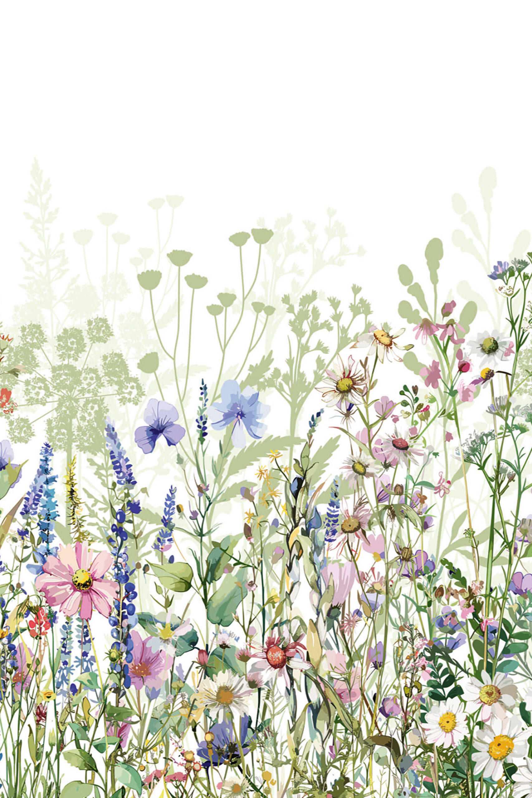 Fresh Garden Wildflowers removable wallpaper mural with a delicate watercolor meadow of tall stems and pastel blooms on a white backdrop.