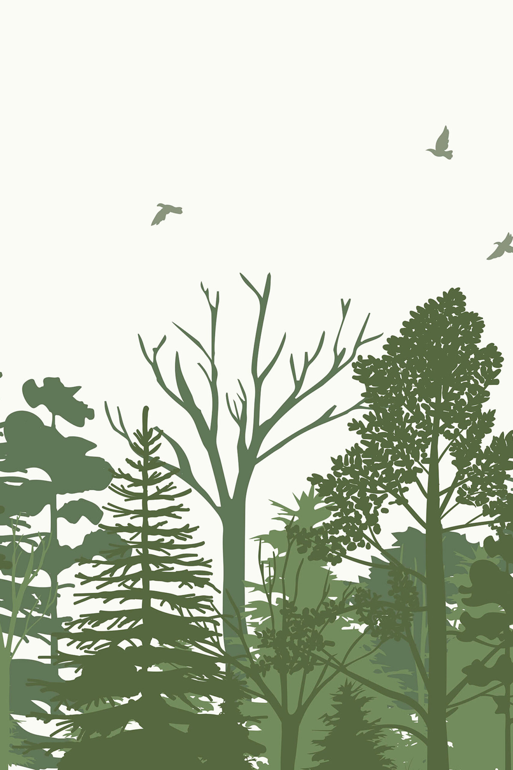 Sage Green Forest Scene custom removable wall mural with layered tree and shrub silhouettes along the bottom and birds in a pale sky.