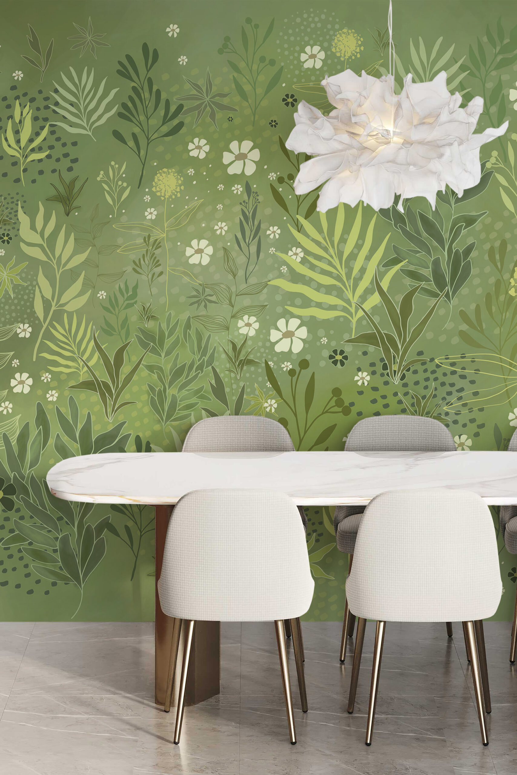 Whimsical Wild Garden non-pasted Wall Mural with layered green foliage and small white flowers as a full accent wall behind a dining table.