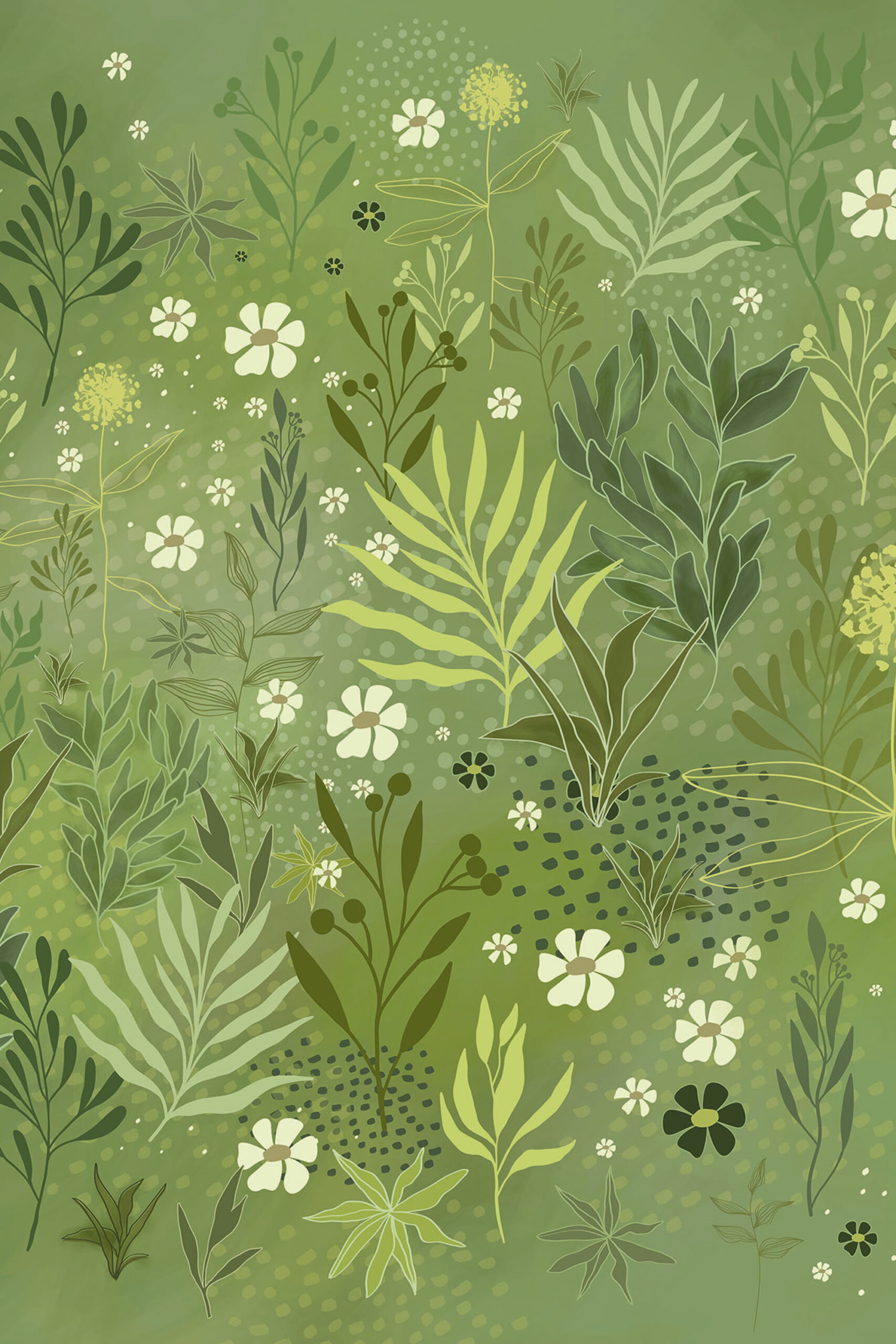 Whimsical Wild Garden removable Wall Mural with layered green foliage and scattered white flowers across a full-wall botanical pattern.