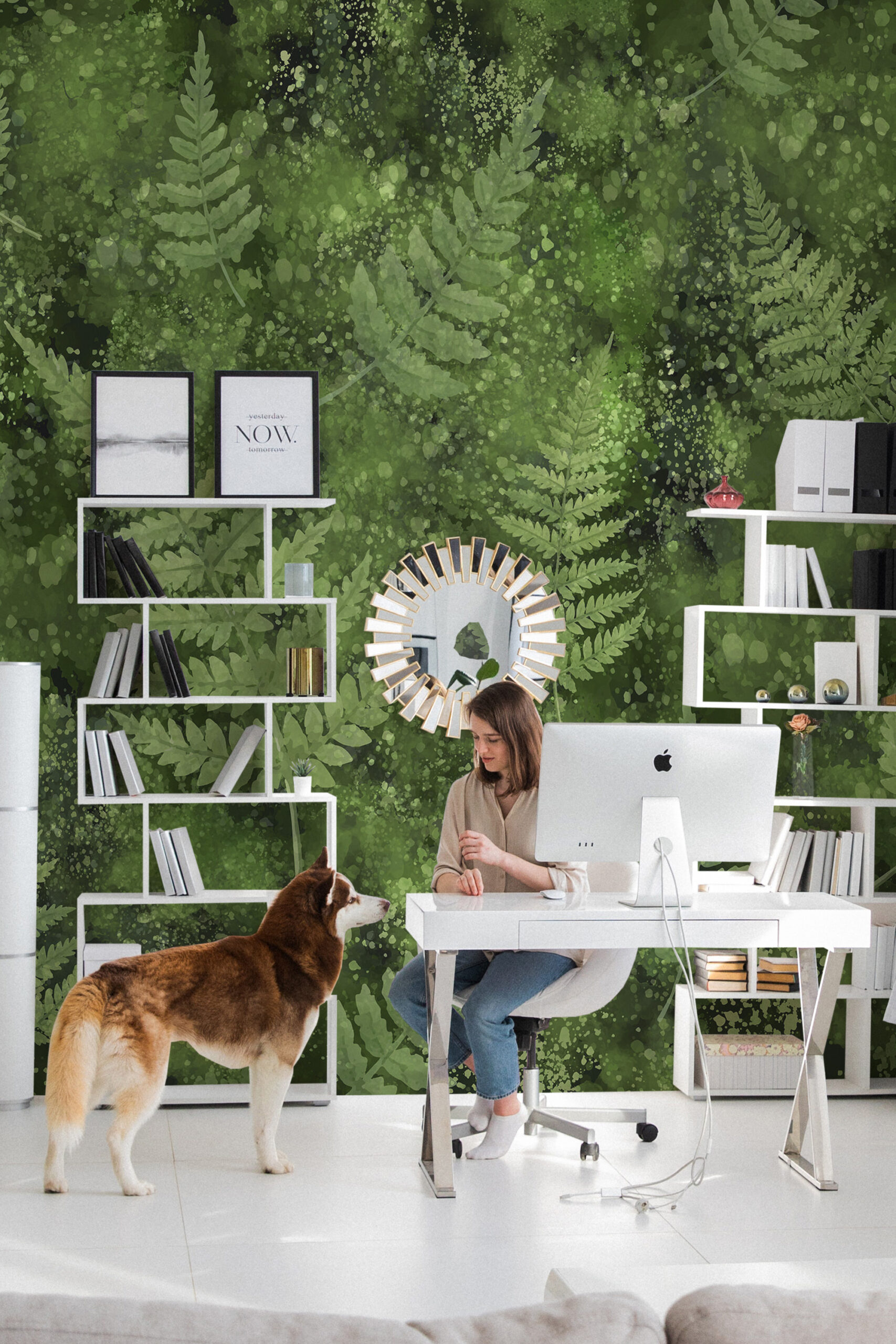 Mossy Fern Leaves self-adhesive wall mural covers a full wall in a bright home office behind white shelves and a desk.