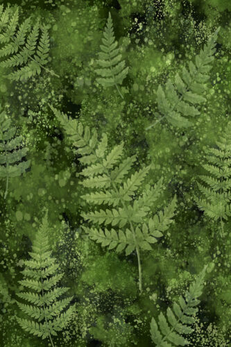 Mossy Fern Leaves removable wallpaper mural with layered fern fronds over a mottled, misty green background across the full surface.