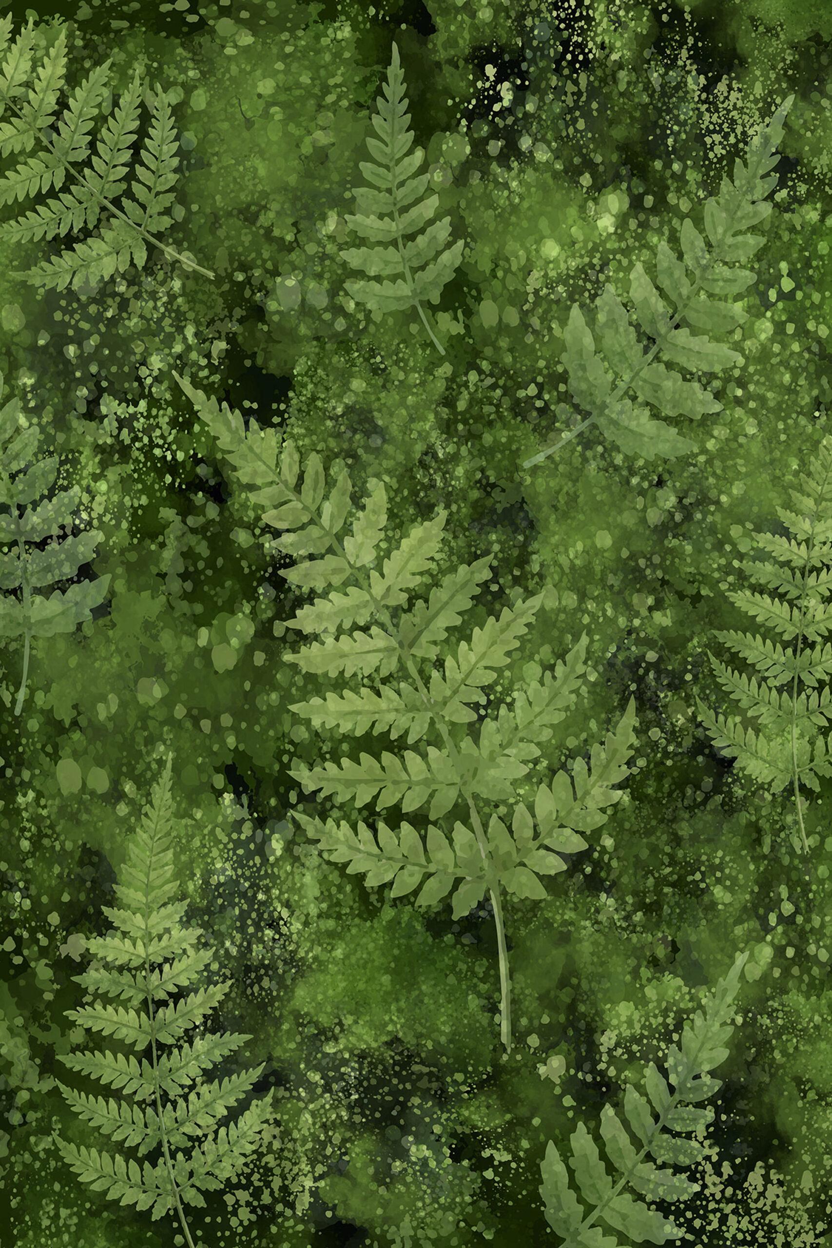 Mossy Fern Leaves removable wallpaper mural with layered fern fronds over a mottled, misty green background across the full surface.