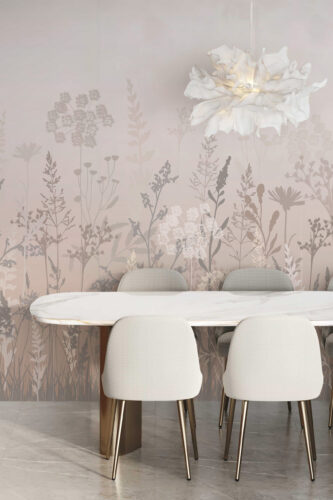 Dreamy Beige Meadow peel and stick wall mural with soft beige wildflower silhouettes across a full dining room accent wall behind a table.