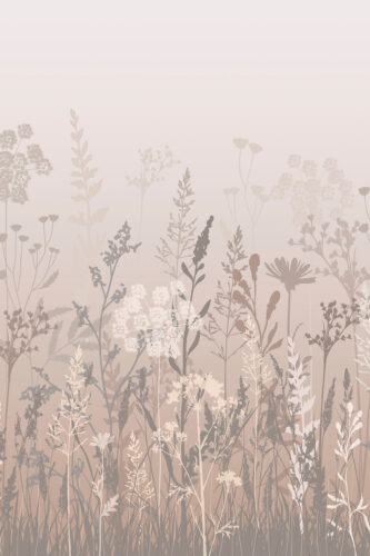 Dreamy Beige Meadow removable wallpaper mural with soft beige botanical silhouettes and tall wildflowers rising from the bottom edge.
