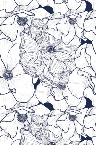 Bold Navy Flower removable wallpaper with oversized navy line-drawn blooms and striped petals on a white background.