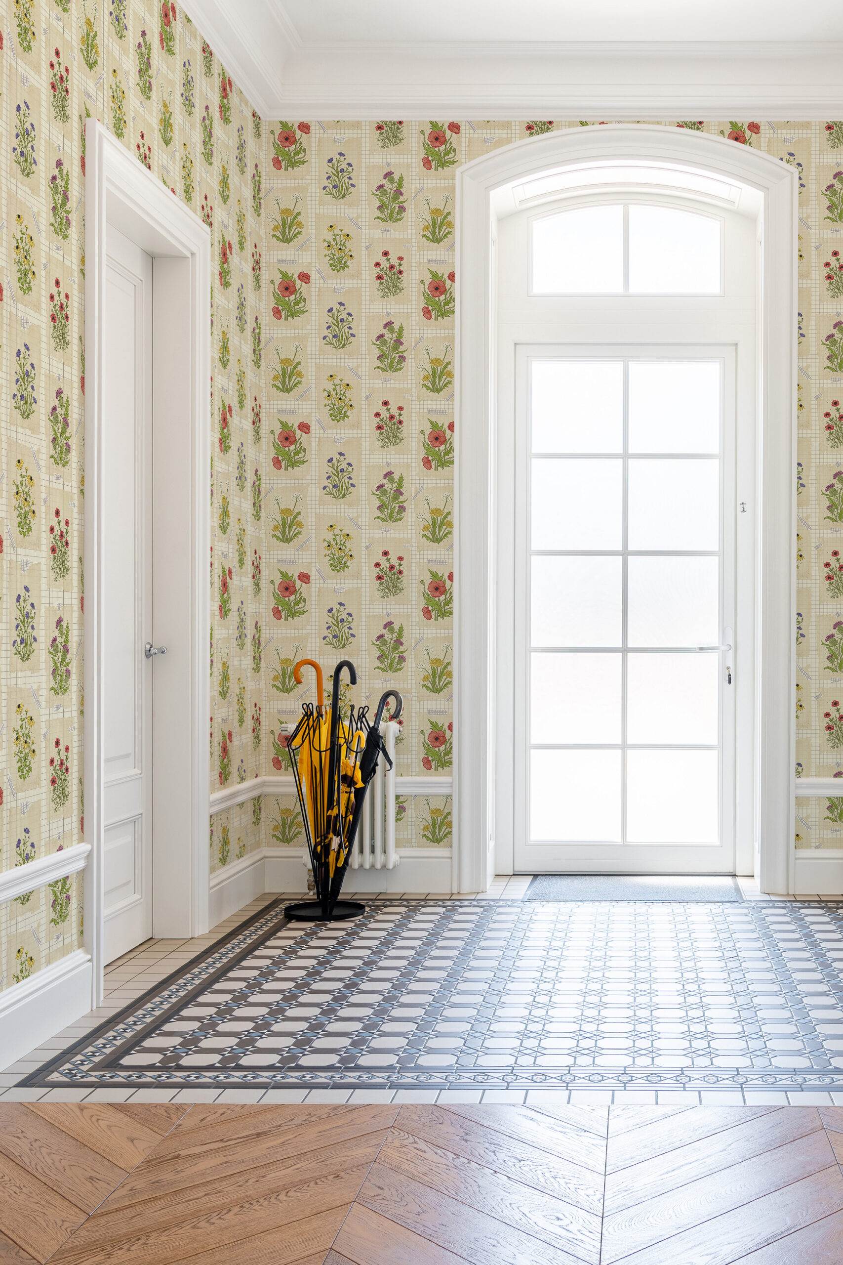 Vintage Cream Floral Collage peel and stick wallpaper on a hallway accent wall with colorful wildflower blocks.