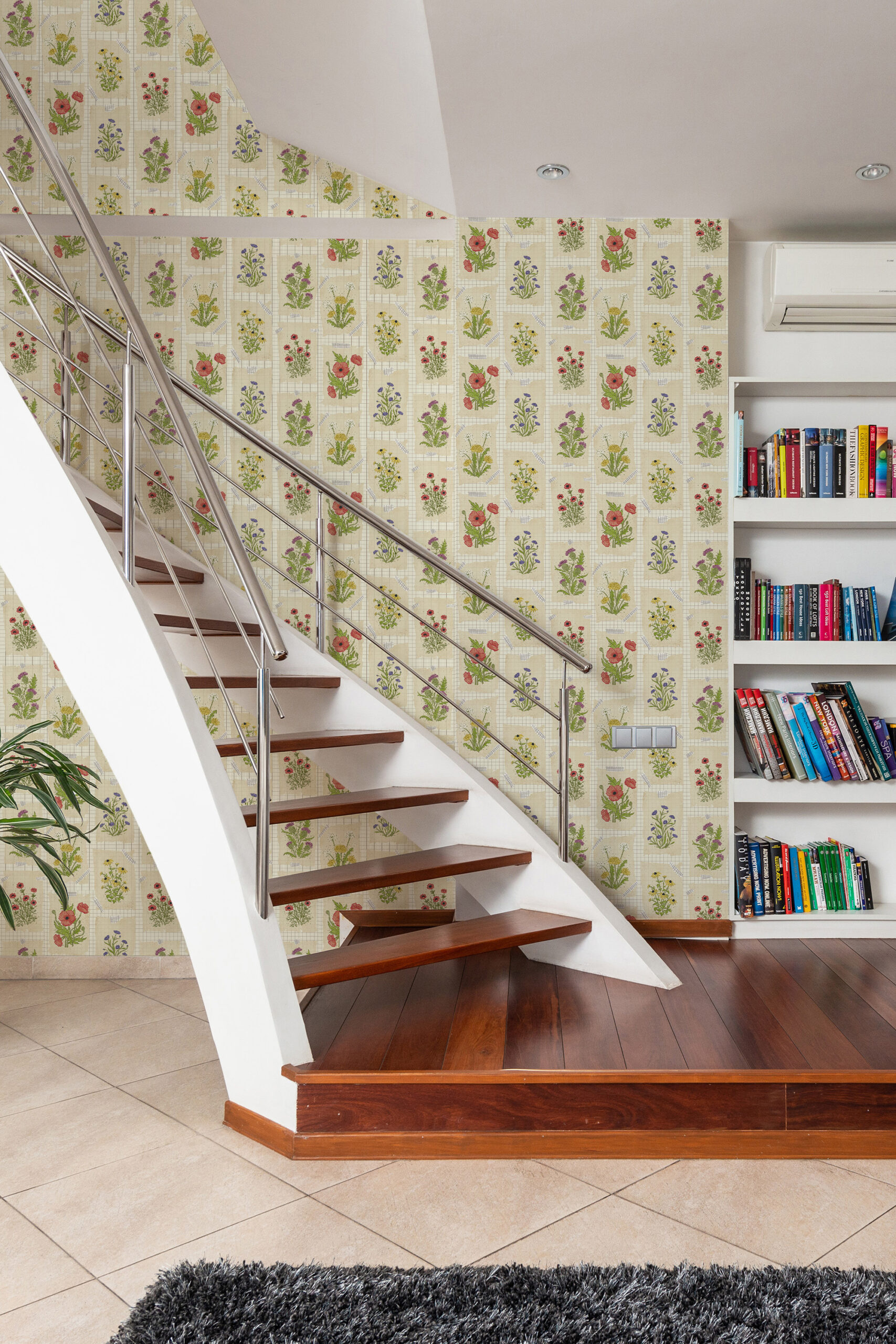 Vintage Cream Floral Collage peel and stick wallpaper with small botanical panels brightening the stairway wall.