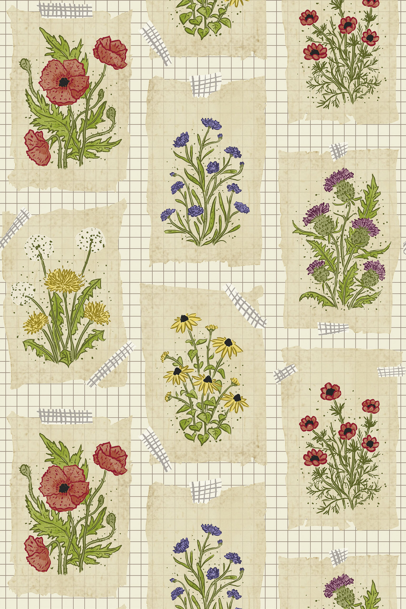 Vintage Cream Floral Collage shows removable wallpaper with taped sketchbook pages of red, purple, and yellow wildflowers on a grid.