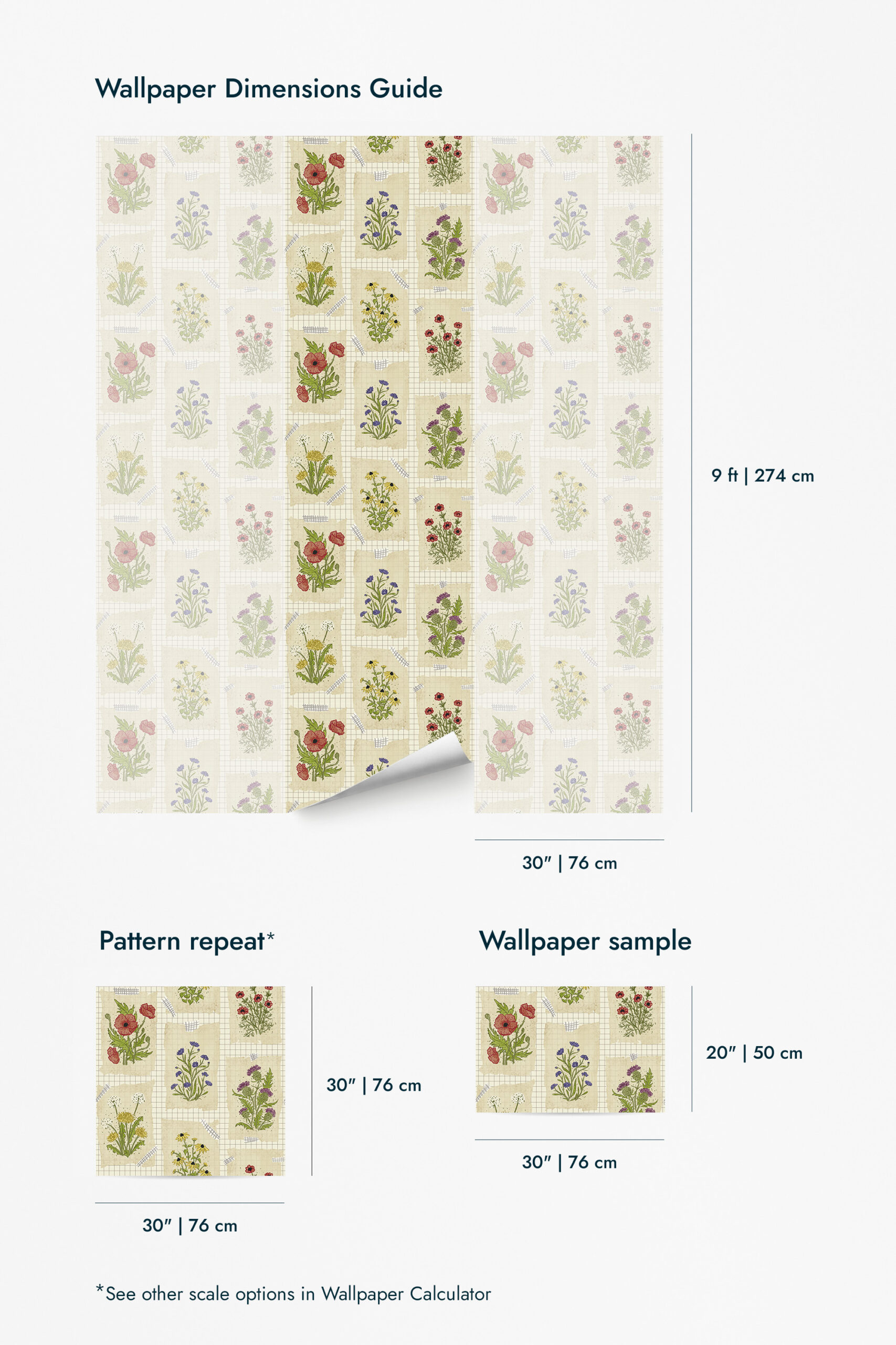 Vintage Cream Floral Collage shows wallpaper for walls with vintage wildflower panels on a cream grid, shown in a dimensions guide.