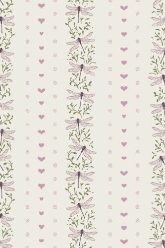 Whimsical Ivory Dragonfly removable wallpaper with vertical dragonflies and green vines, scattered pink hearts on an ivory background.