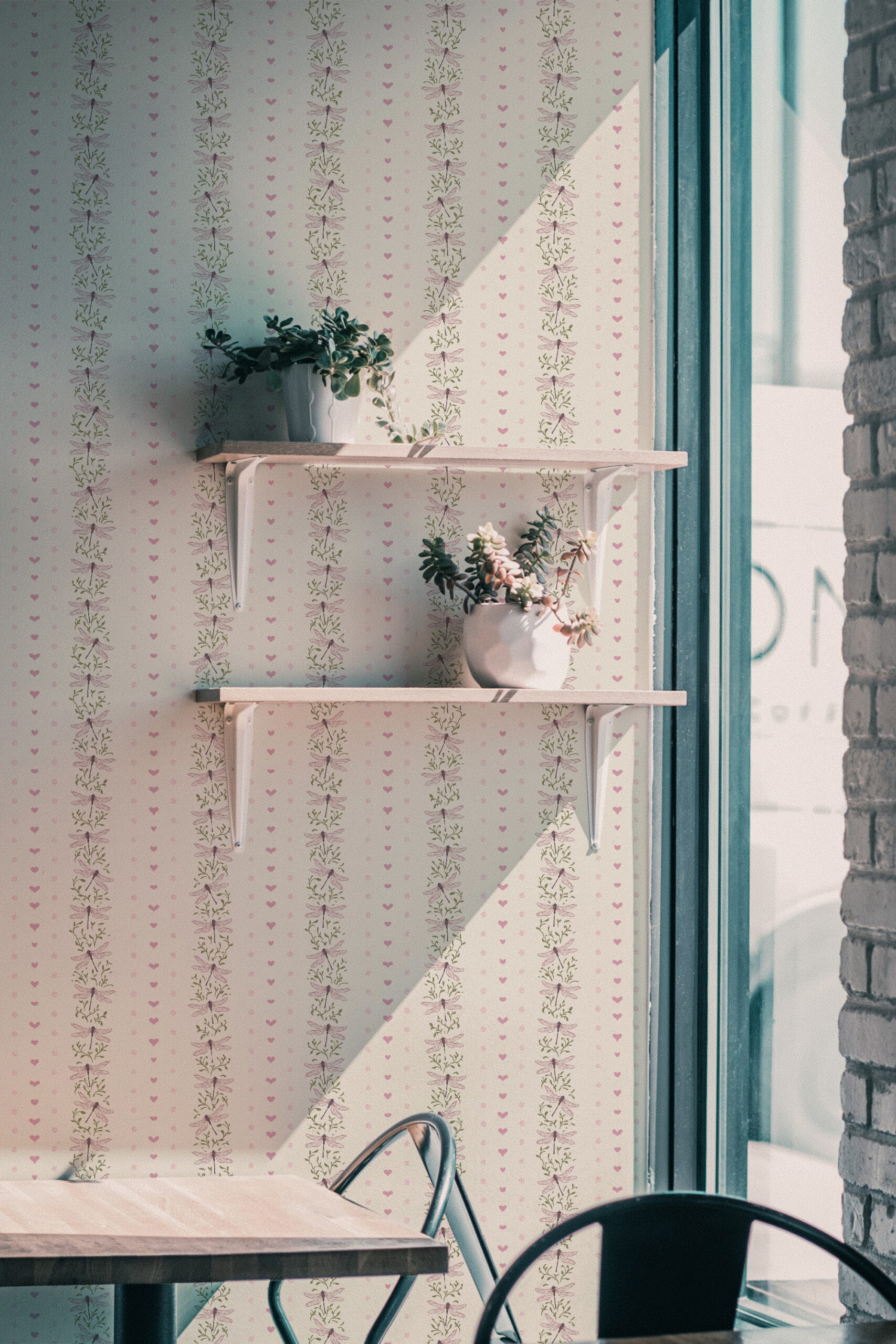 Whimsical Ivory Dragonfly pre-pasted wallpaper with vertical dragonfly vines and tiny pink hearts on an ivory background.