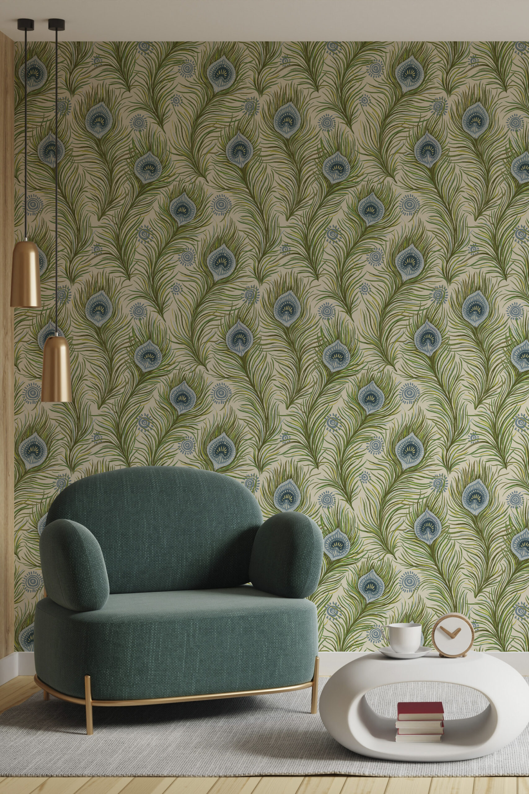 Boho Green Peacock Feather peel and stick wallpaper with green fronds and blue feather eyes covering a full accent wall.