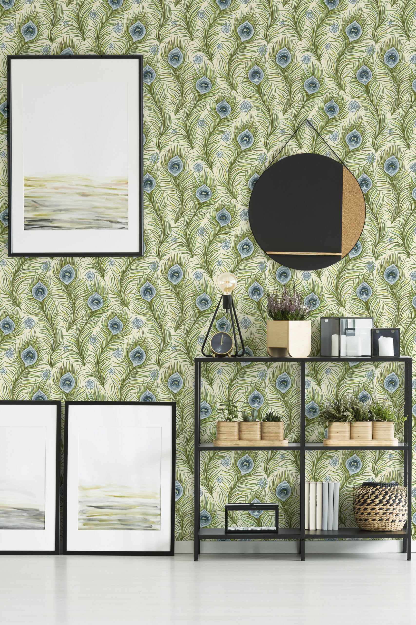 Boho Green Peacock Feather non-pasted wallpaper covering a wall with green fronds and blue peacock eye accents.