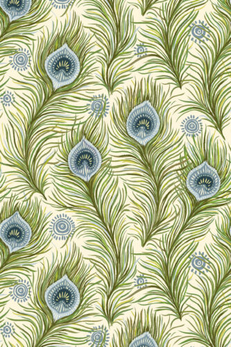 Boho Green Peacock Feather removable wallpaper with flowing green feather fronds and pale blue peacock eye details on cream.