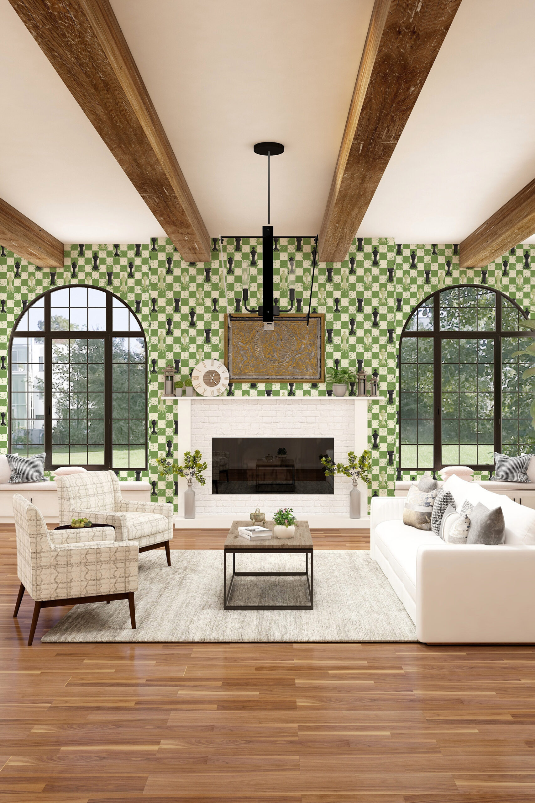 Bold Green Chess peel and stick wallpaper in a living room, covering the wall around arched windows and a fireplace.