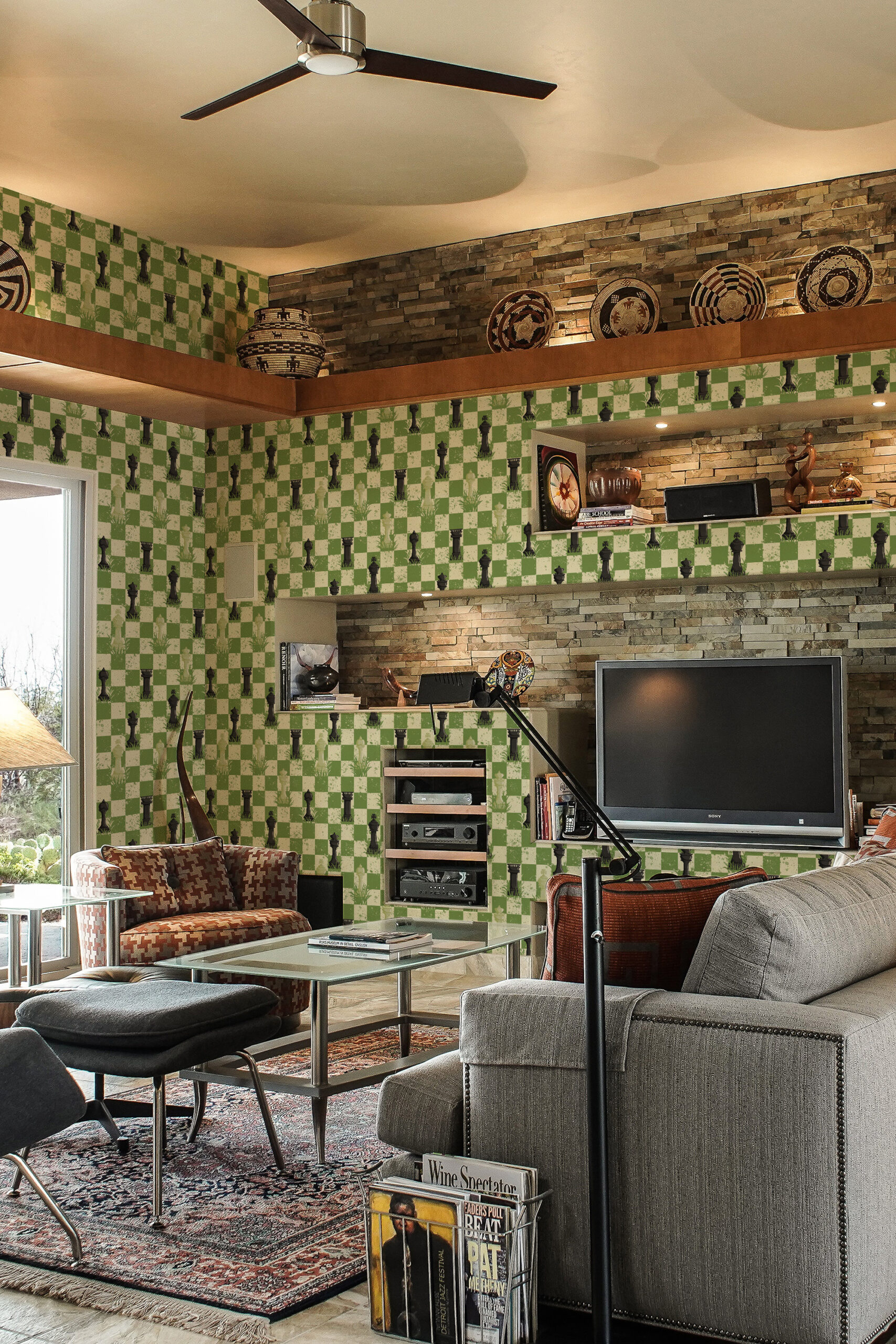 Bold Green Chess pre-pasted wallpaper with a green checkerboard and black chess pieces across a living room wall.