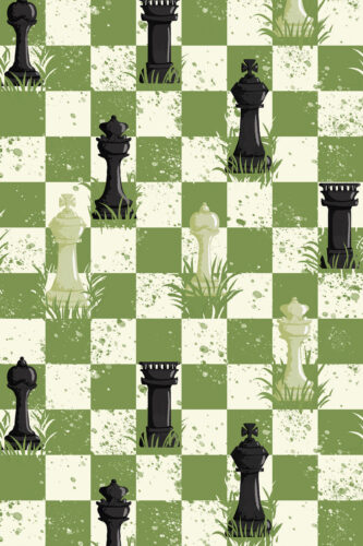 Green Chess Pieces removable wallpaper with green and cream checker blocks, scattered paint splatter, and tall black silhouettes.