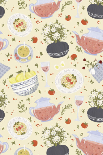 Whimsical Cream Dinnerware removable wallpaper with illustrated teapots, plates of pasta, tomatoes, and sprigs on a pale cream ground.
