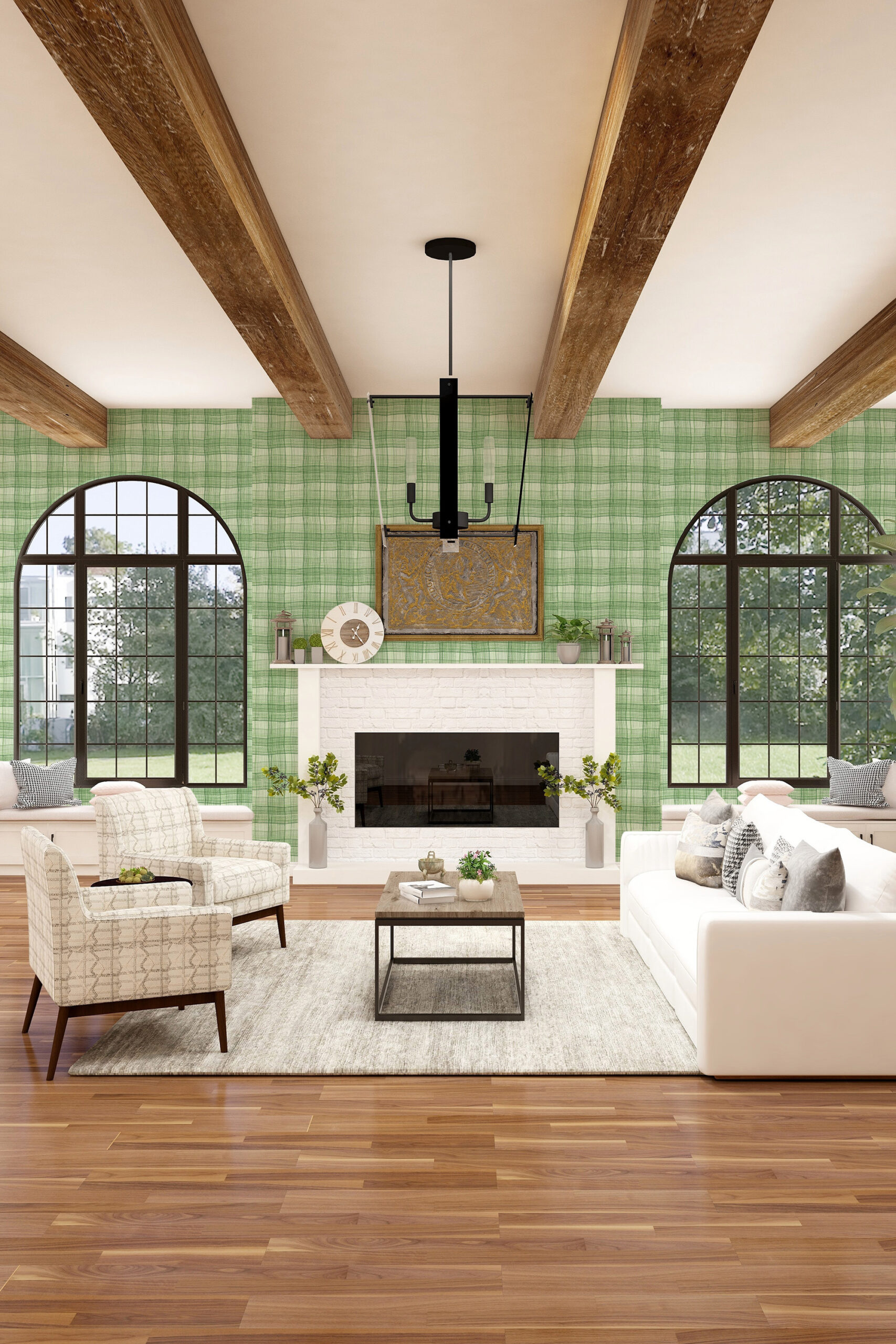 Wavy Green Plaid non-pastd wallpaper covering a living room wall with a white fireplace between two arched windows.