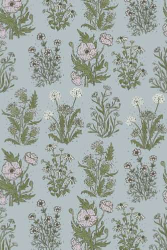 Fine Blue Wildflower removable wallpaper with scattered pink blooms, white daisies, and green stems on a pale blue background.