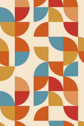 Retro Cream Geometric removable wallpaper with bold quarter-circle blocks in teal, red, orange, and mustard on a cream grid.