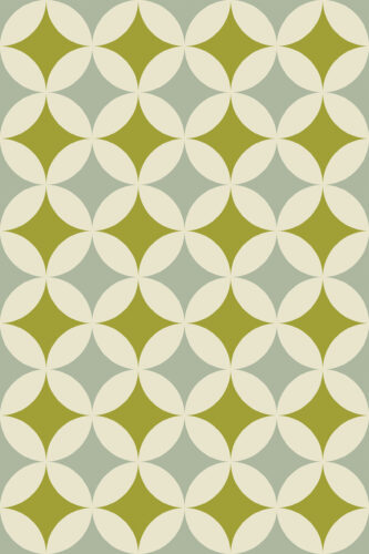 Green Retro Geometric removable wallpaper with repeating olive diamond shapes and cream petal circles on a muted sage background.