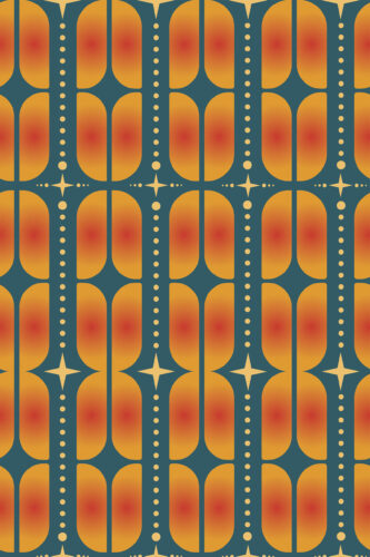 Orange Teal Retro Geometric removable wallpaper with rounded orange gradient panels, teal lines, dotted accents, and starburst shapes.