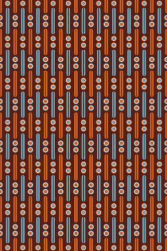 Retro Burgundy Geometric removable wallpaper with vertical orange and teal bars and small ringed dots in a repeating grid.