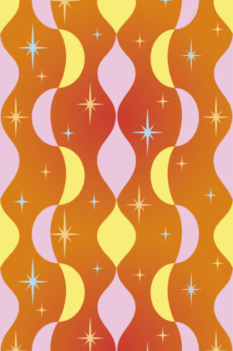 Retro Orange Stars removable wallpaper with wavy orange shapes, pink curves, yellow crescents, and scattered starbursts.