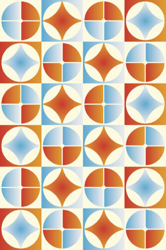 Retro Blue Orange Tile removable wallpaper with repeating circular tile blocks in orange, red, and sky blue on a cream grid.