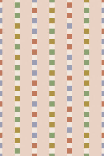 Retro Pink Striped Geometric removable wallpaper with vertical blush stripes and stacked blocks in green, ochre, blue, and coral.