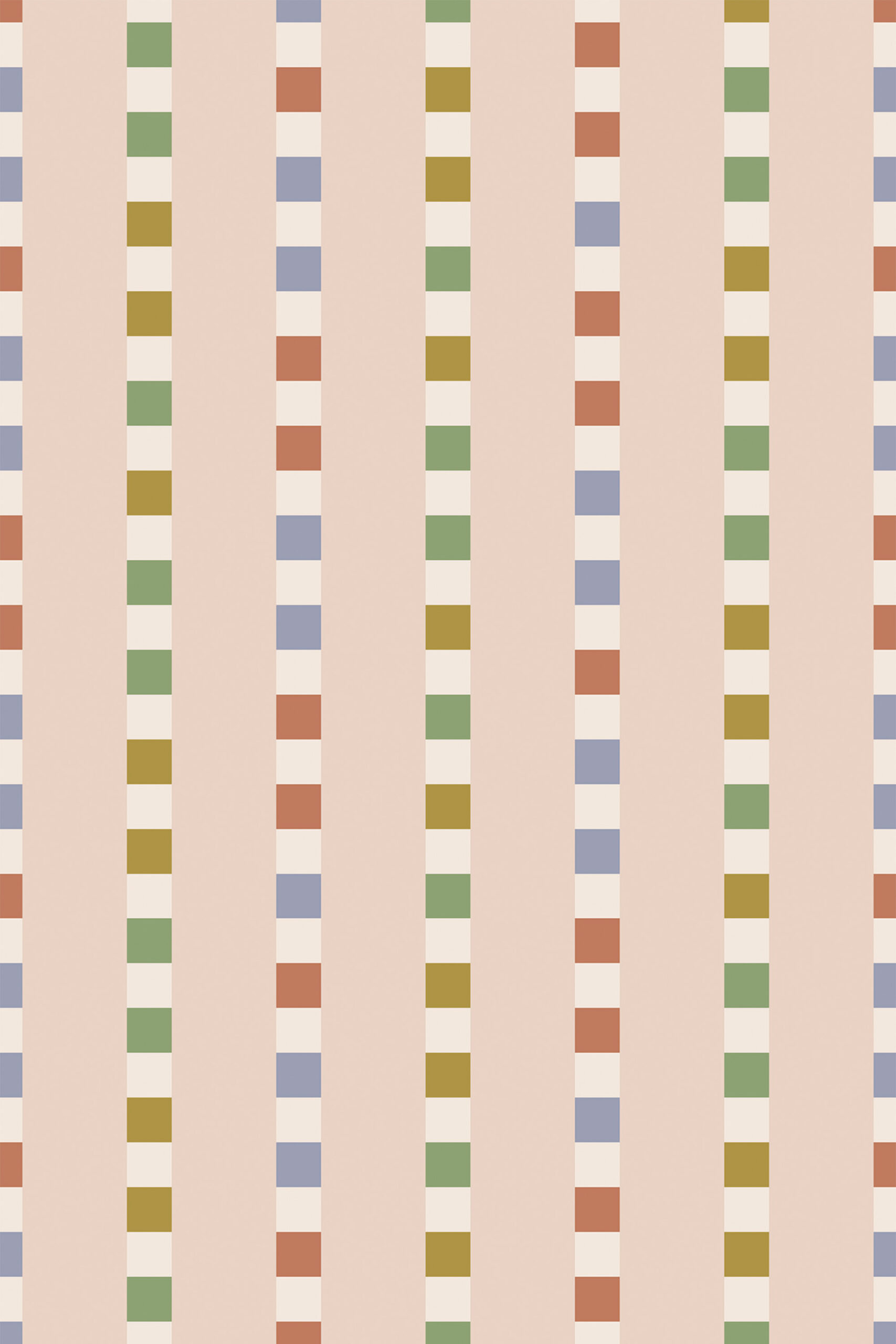 Retro Pink Striped Geometric removable wallpaper with vertical blush stripes and stacked blocks in green, ochre, blue, and coral.