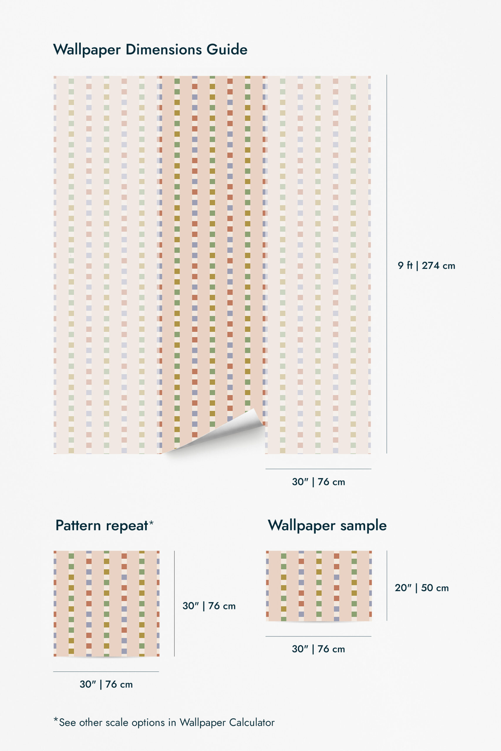 Retro Pink Striped Geometric features vertical pastel stripes with small geometric blocks, shown as wallpaper with size labels.