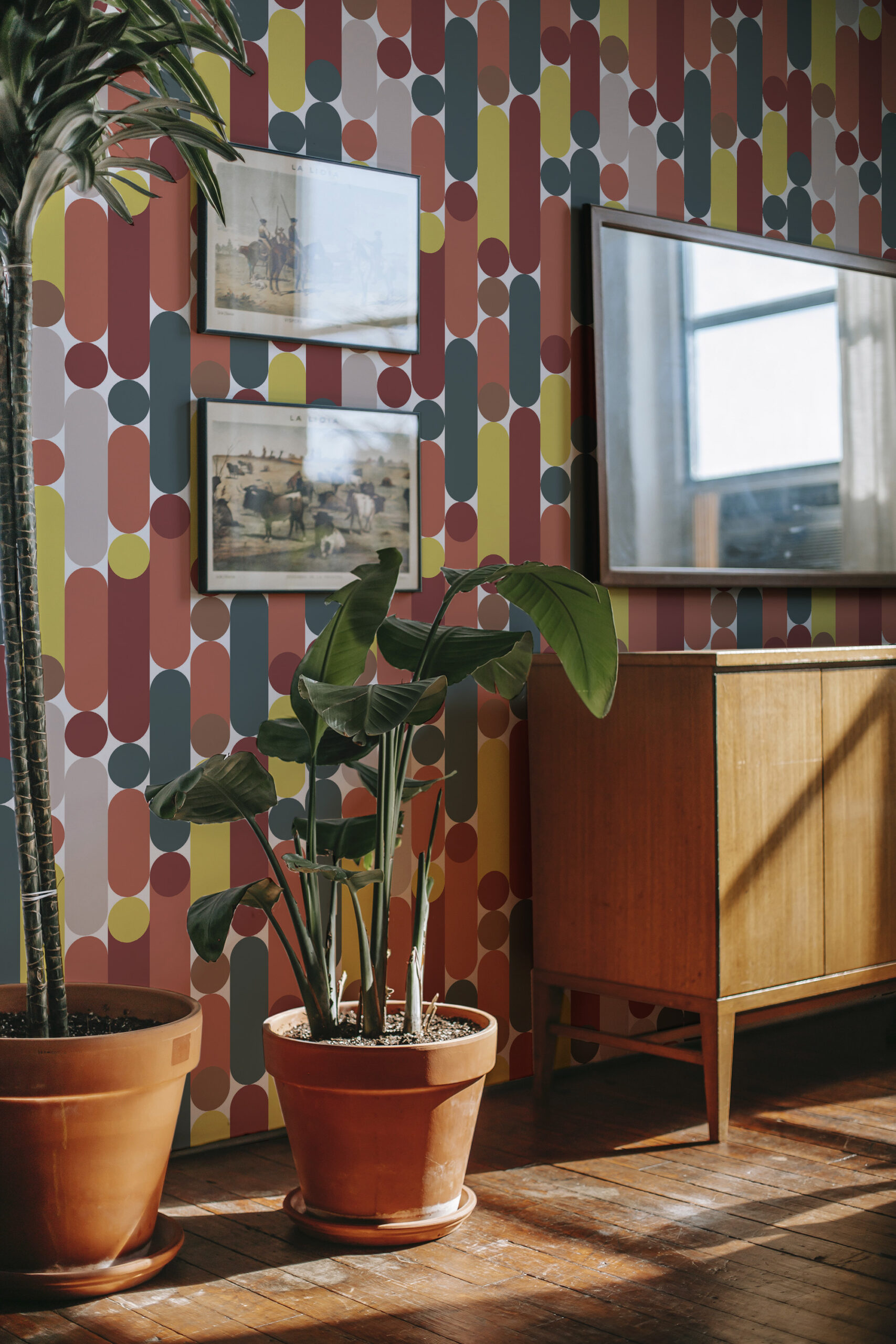 Retro White Capsule Geometric non-stick wallpaper with tall capsule stripes and dots in rust, teal, mustard, and gray.