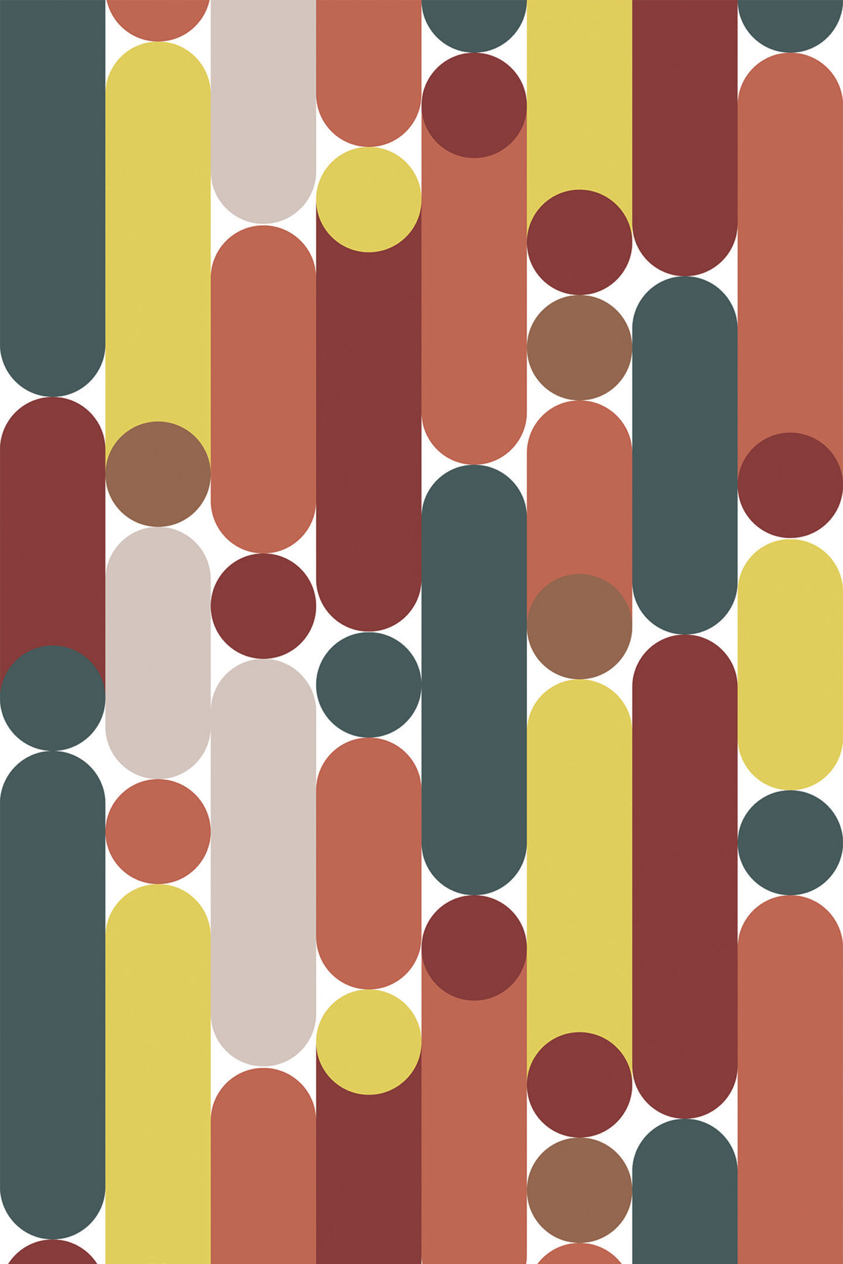 Retro White Capsule Geometric removable wallpaper with tall rounded stripes and dots in teal, mustard, coral, and burgundy.