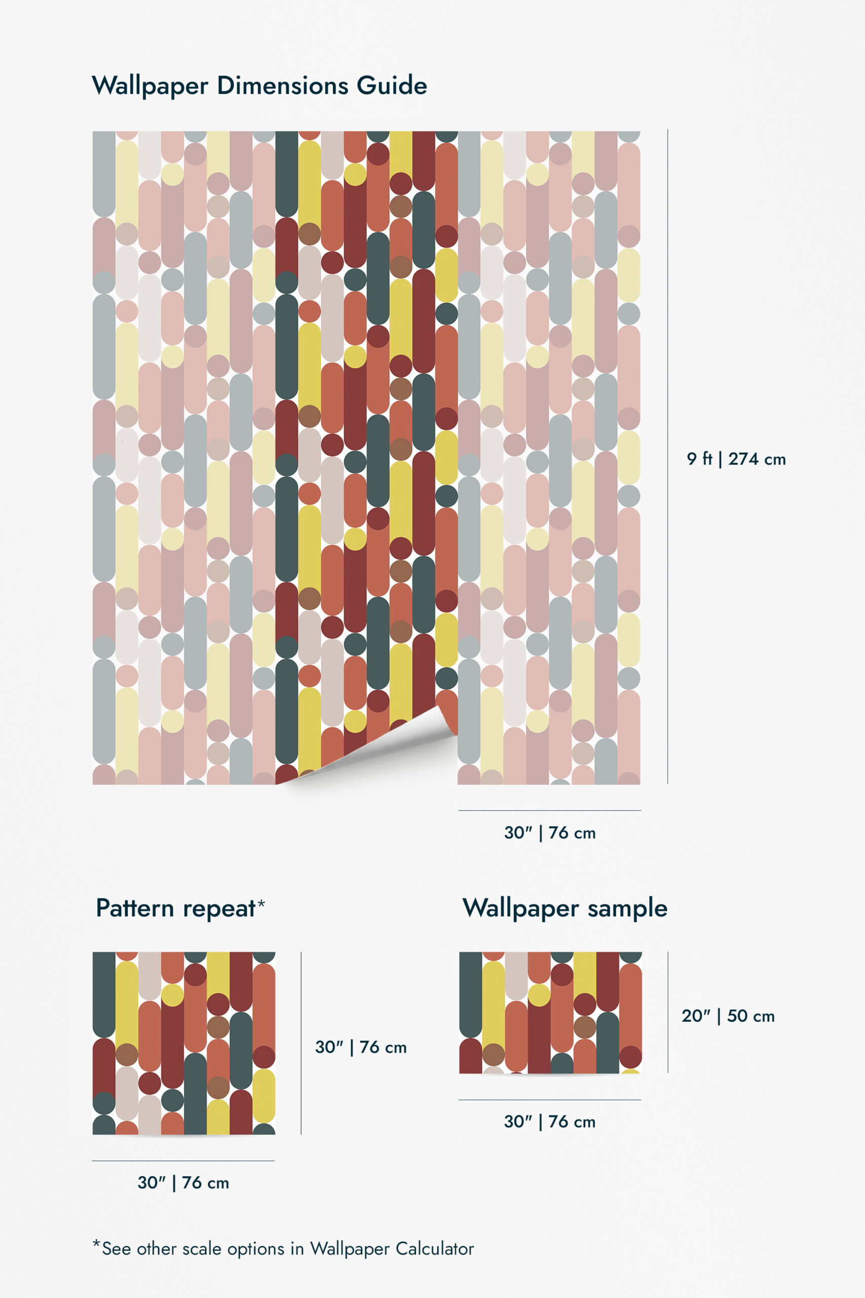 Retro White Capsule Geometric shows wallpaper for walls with stacked capsule shapes and dots, with a 9 ft by 30 in dimensions guide.