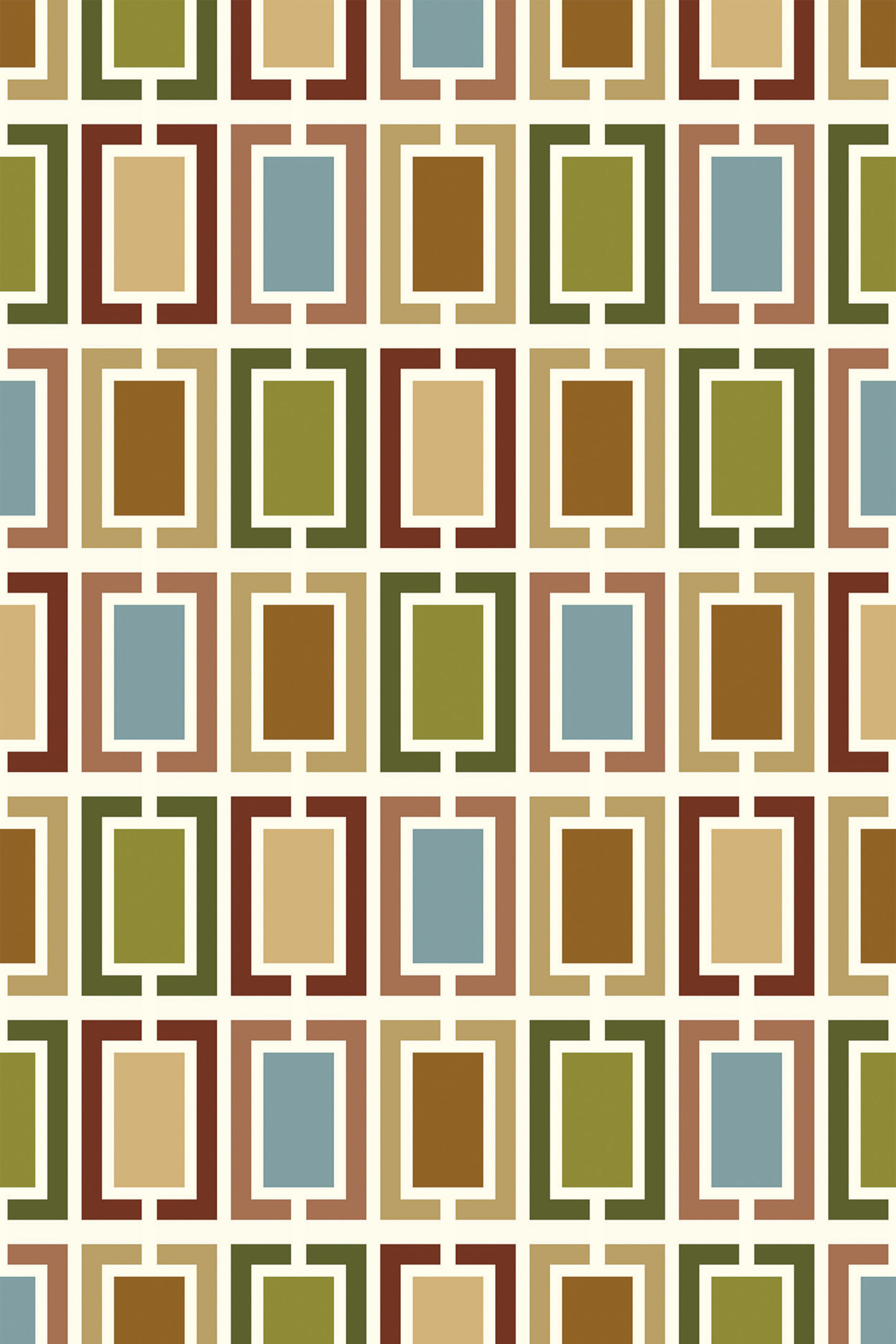 Retro White Geometric Frames features repeating framed rectangles in olive, teal, rust, and tan on a cream background as removable wallpaper.