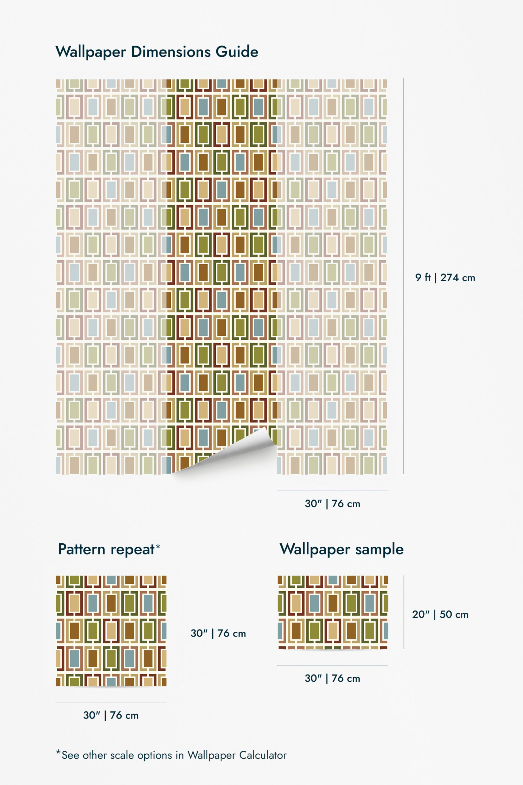 Retro White Geometric Frames shows a grid of pastel rectangular frames in wallpaper for walls, with a dimension guide and sample sizes.
