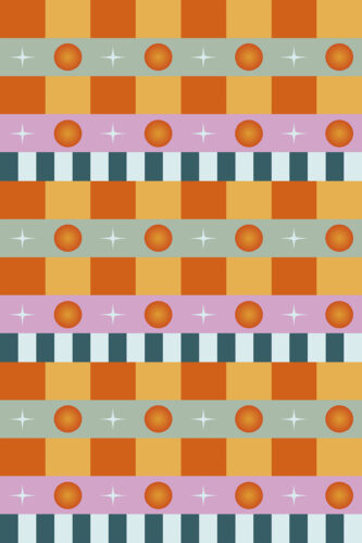 Retro Orange Stripe removable wallpaper with wide orange and gold bands, plus pastel rows with circles, stars, and teal stripes.
