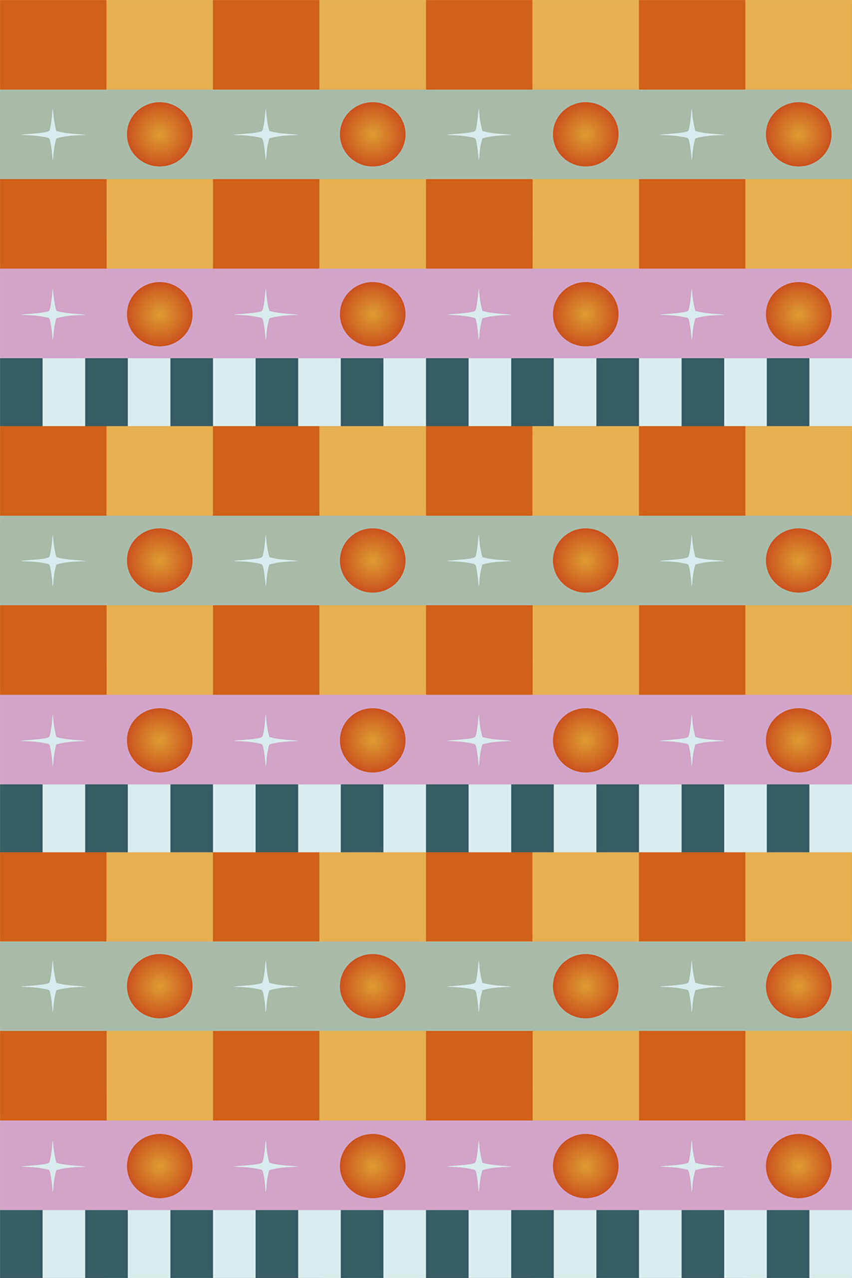 Retro Orange Stripe removable wallpaper with wide orange and gold bands, plus pastel rows with circles, stars, and teal stripes.