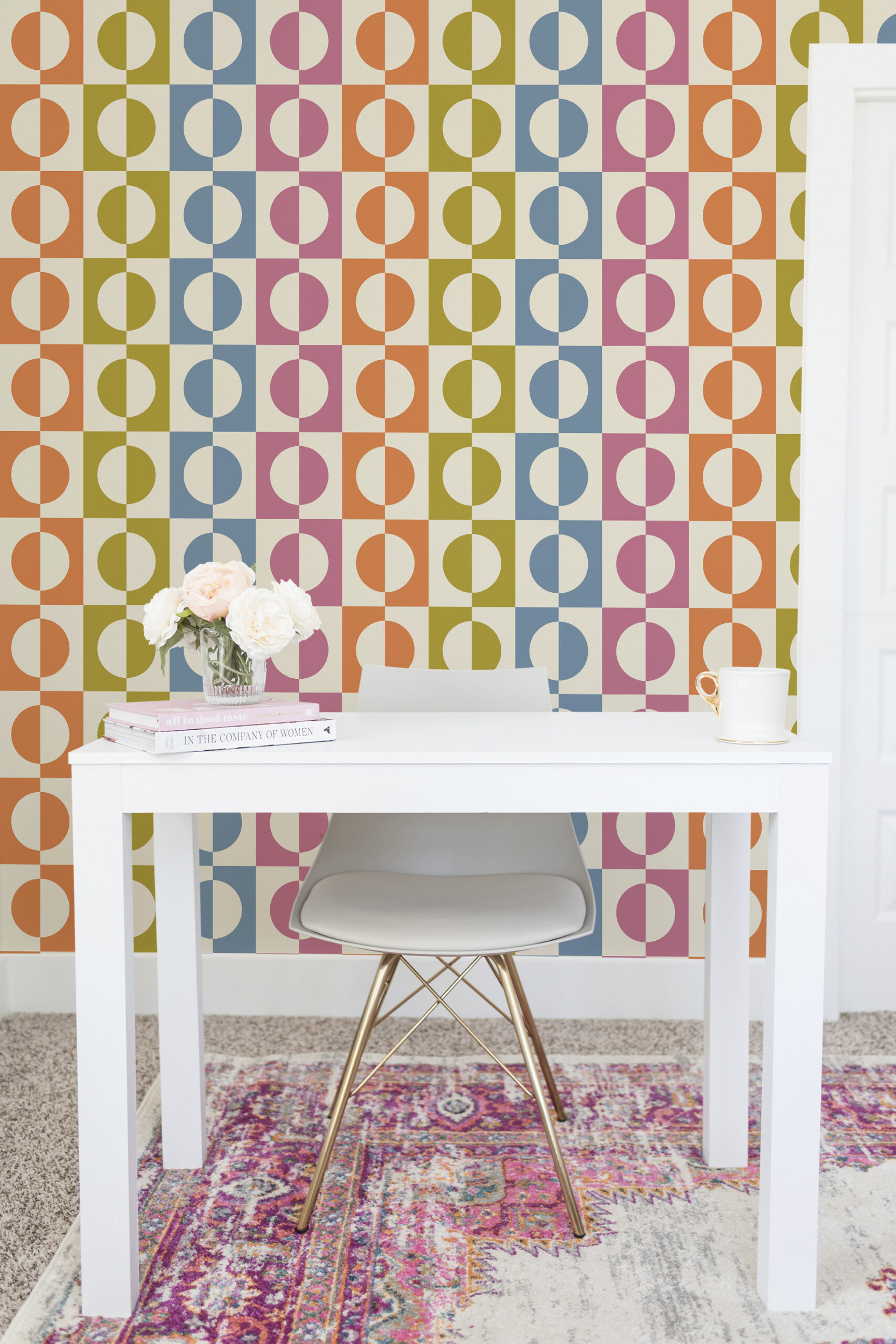 Retro Multicolored Split Circle features rows of half-circles in orange, olive, blue, and pink squares as pre-pasted wallpaper.