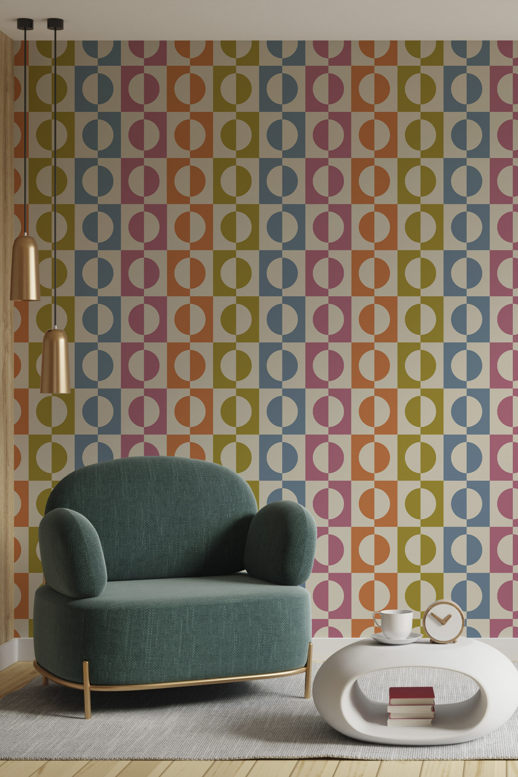 Retro Multicolored Split Circle non-pasted wallpaper is shown as a full wall of multicolor circle tiles behind a chair.