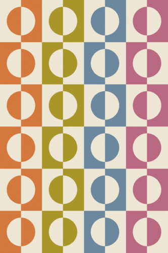 Retro Multicolored Split Circle features removable wallpaper with large half-circle blocks in orange, olive, blue, and pink on a cream background.