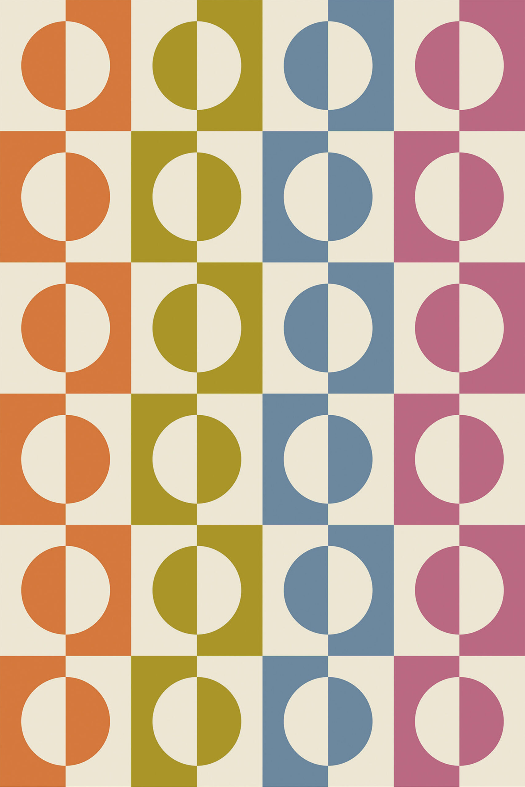 Retro Multicolored Split Circle features removable wallpaper with large half-circle blocks in orange, olive, blue, and pink on a cream background.