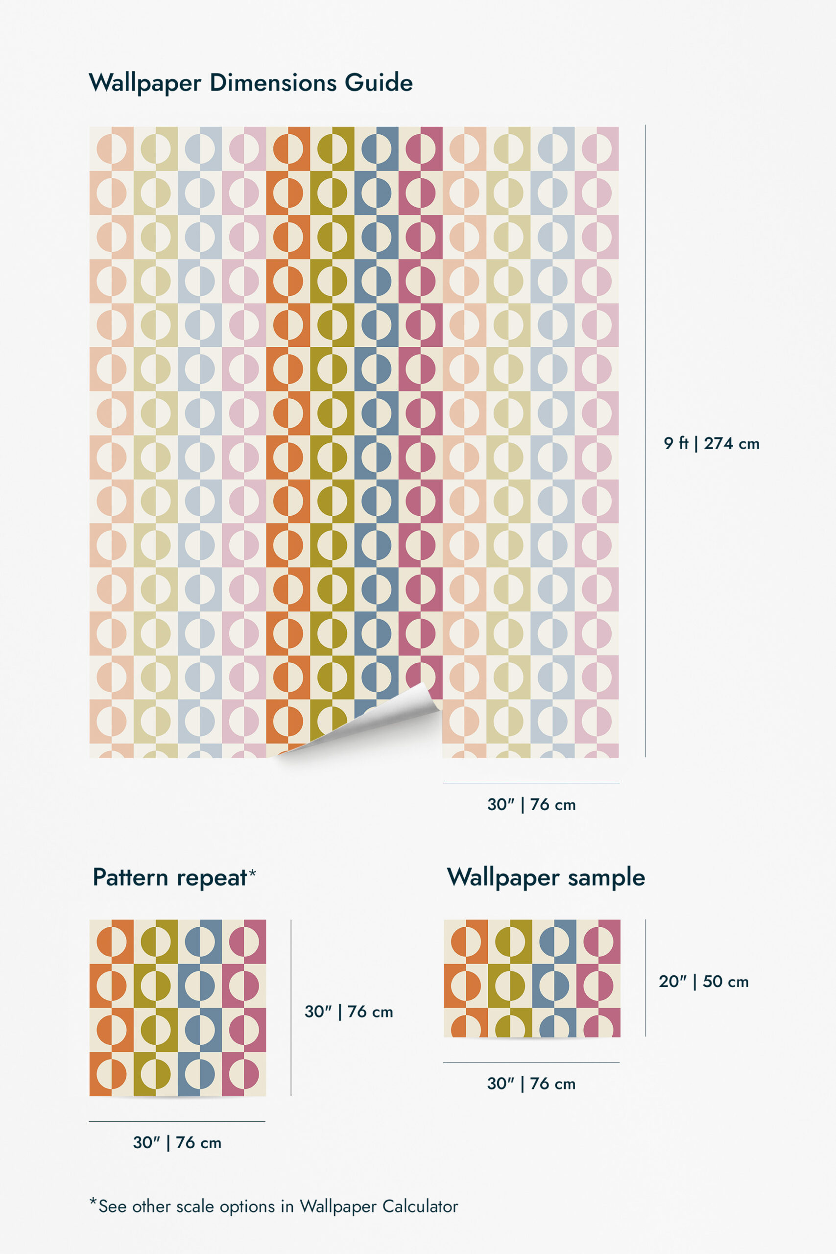 Retro Multicolored Split Circle wallpaper features a grid of half-circles and squares in pastel pink, blue, orange, and olive.