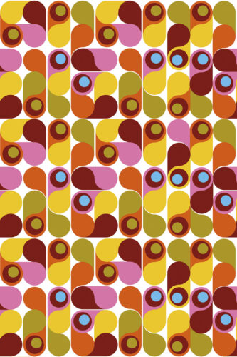 Colorful Retro Teardrop Shapes removable wallpaper with repeating rounded blocks and circle accents in yellow, pink, orange, and brown.