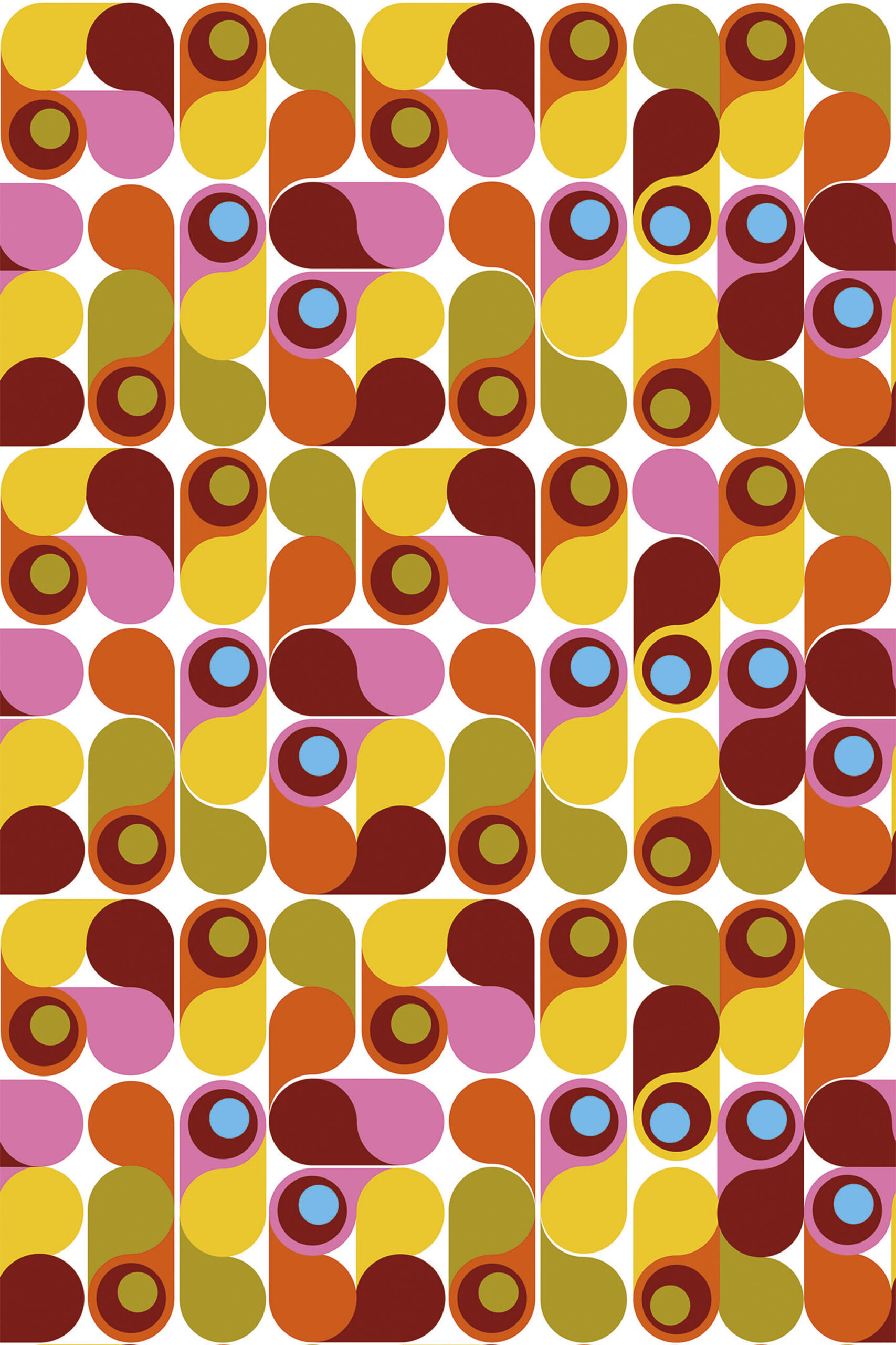 Colorful Retro Teardrop Shapes removable wallpaper with repeating rounded blocks and circle accents in yellow, pink, orange, and brown.
