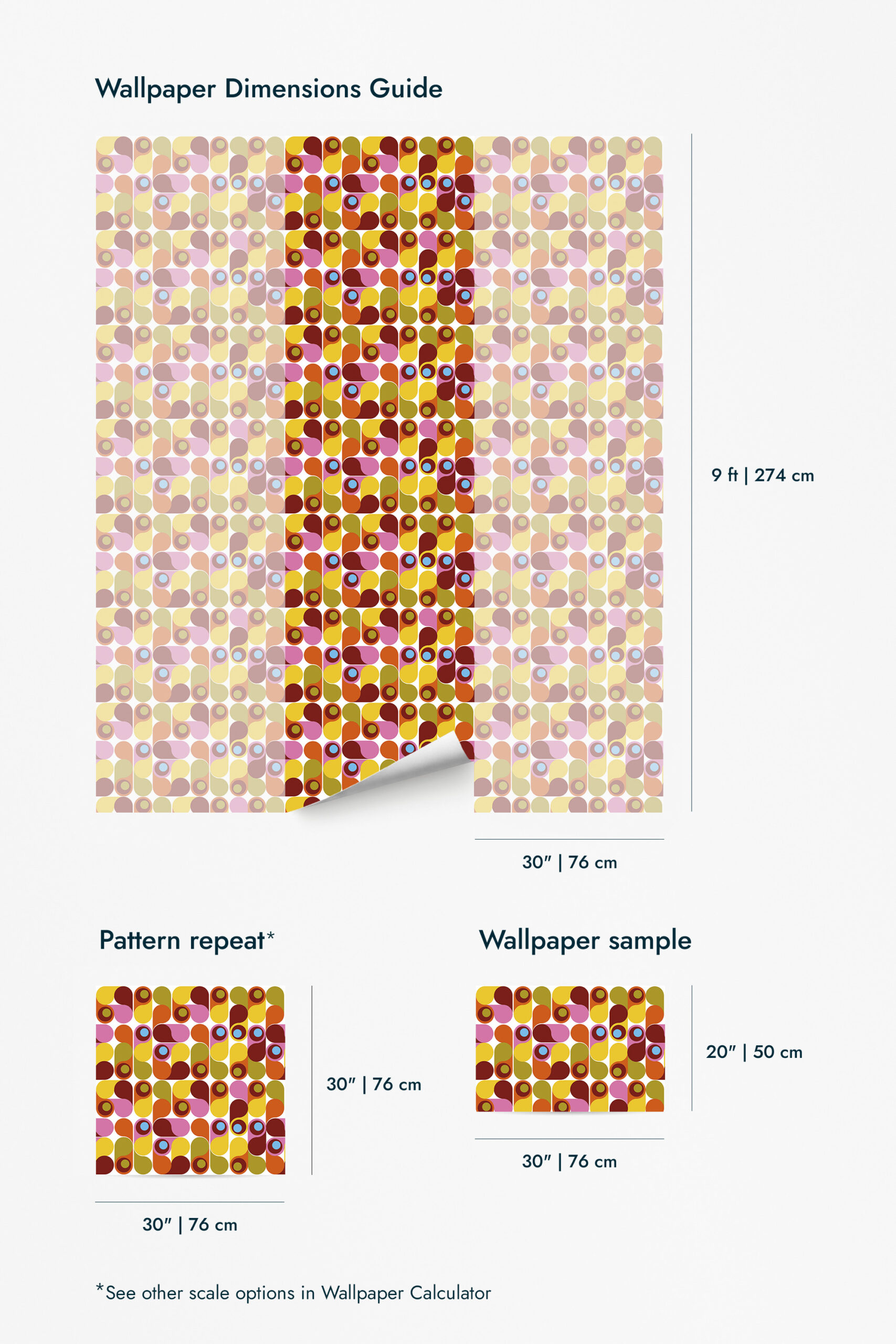 Colorful Retro Teardrop Shapes wallpaper for walls is shown as a dimension guide with a 9 ft by 30 in panel and curved geometric blocks.